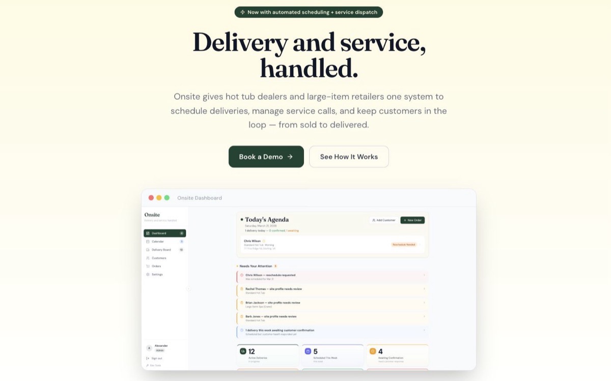 The OnSite product page, showing its scheduling dashboard.